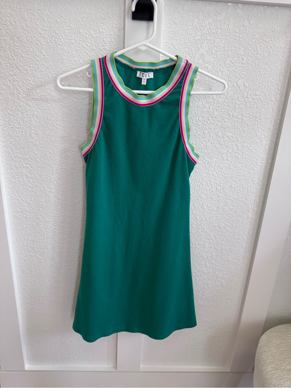 Tobi Green Sleeveless Top with Pink, Lime & Sky Stripe Trim